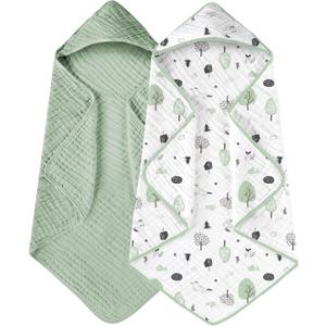 Yoofoss Hooded Baby Towels for Newborn 2 Pack 100% Muslin Organic Cotton Baby Bath Towel with Hood for Babies, Infant, Toddler and Kids, 32x32Inch, Soft and Absorbent Newborn Essential,Forest