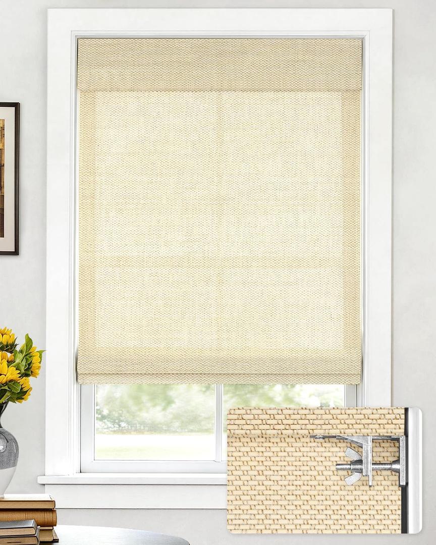 LazBlinds No Drill Bamboo Roman Shades, 20" W x 64" H, Star-Beige | Light Filtering Blinds, Real Natural Bamboo Material, Easy to install