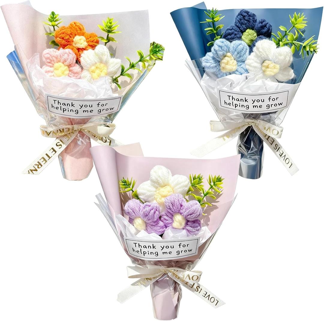 Wavwavw 3 Pcs Teacher Appreciation Gifts Crochet Handmade Positive Mini Crochet Flower Bouquet Thank You for Helping Me Grow Teachers Gifts for Graduation Teacher Appreciation Week Women Men (Pastel)