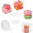100 Pack 2x2x2 Inches Clear Favor Boxes with Ribbons, Mini Transparent Cube Treat Boxes for Candy & Chocolate Bomb, Plastic Individual Macaron Packaging Box for 2