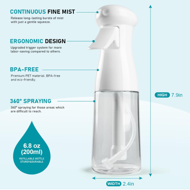 Bealee Spray Bottle For Hair, Continuous Mister Empty Spray Bottle, Ultra Fine Mist Water Sprayer for Hairstyling, Cleaning, Plants, Pets, Barbers, Salons, Essential Oil Scents - 1 Pack 6.8 OZ, White