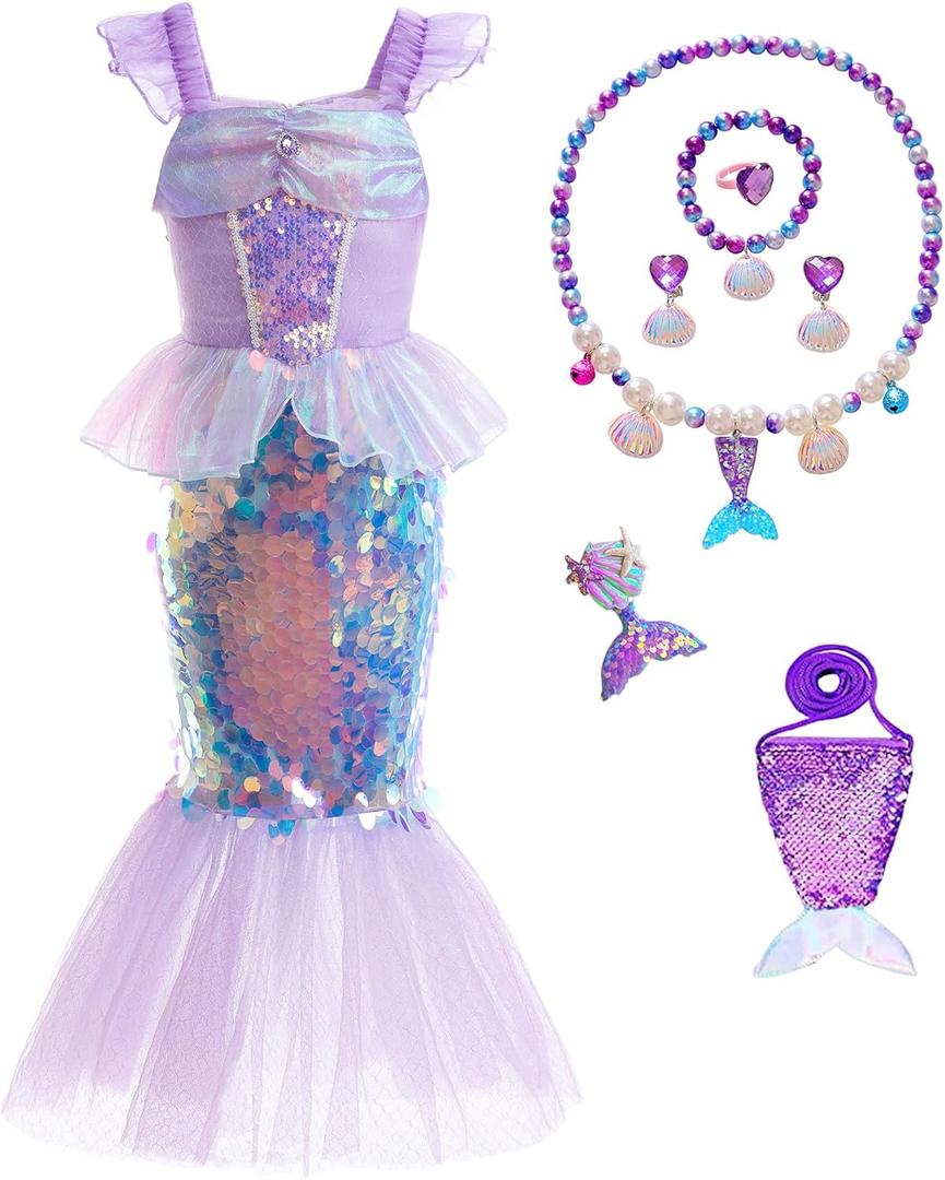Little Girls Princess Mermaid Costume for Girls Dress Up with Accessory for Christmas Birthday Party Supplies (5-6 Years, Bling-rainbow)