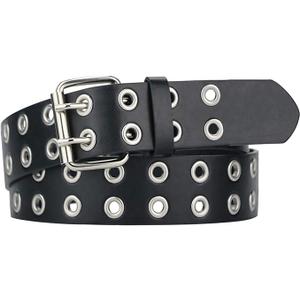 Macoking Grommet Leather Belts for Women, Black Belt For Teens with Chains - Double Studded Holes, Small
