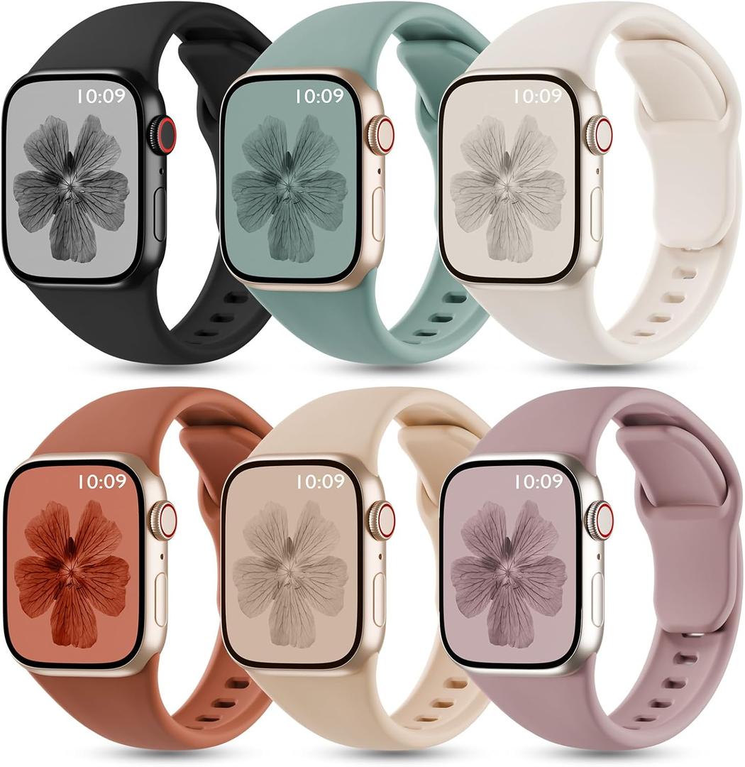 6 Pack Silicone Bands Compatible with Apple Watch Band 42mm 41mm 40mm 38mm 46mm 45mm 44mm 49mm Women Men, Patented Wristband Soft Sport Waterproof Strap for iWatch Series 11 10 9 8 7 6 5 4 3 SE Ultra (Black/Cactus/Starlight/Brown/Milk Tea/Smoke Violet)