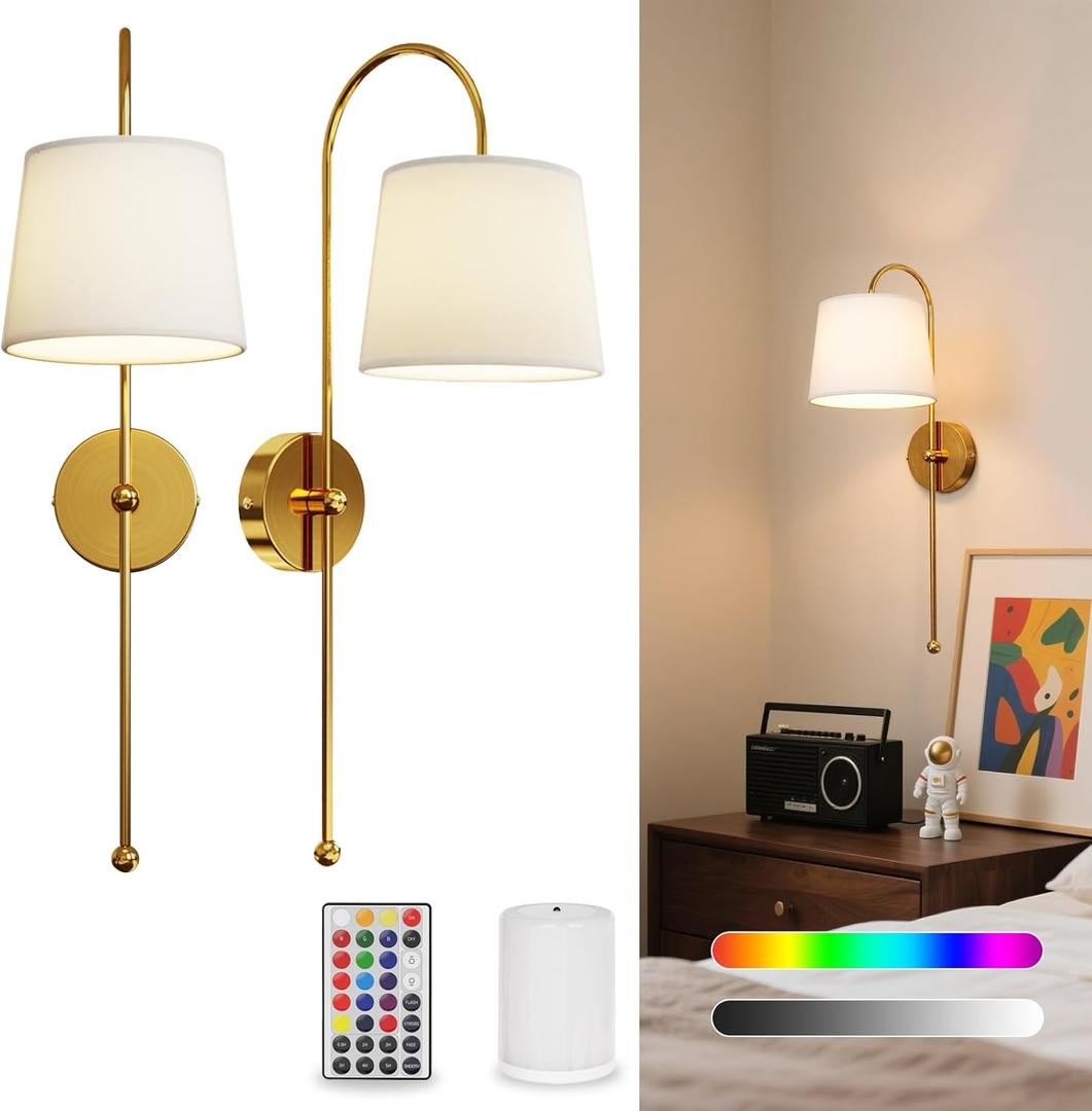 Battery Operated Wall Sconce Set of 2, Rechargeable Wireless Wall Decor Sconces, Two Battery Powered Wall Lights, Dimmable Magnetic RGB Bulbs & Remote, Lamp for Living Room Bedroom - Gold