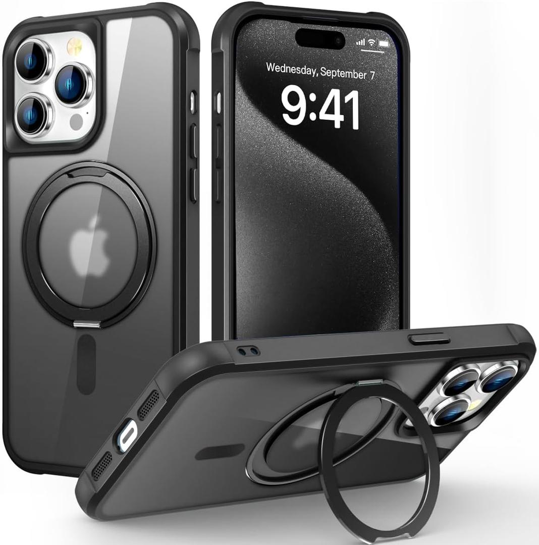 Designed for iPhone 15 Pro Case with 360 Rotatable Magnetic Ring Stand [Compatible Mag-Safe] [Military Grade Protection] Translucent Matte Phone Cases for Women Men 6.1'', Black