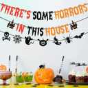 Pre-Strung There's Some Horrors In This House Banner with Pumpkin Skull Spider Web Bat Witch Ghost Sign for Halloween Party Decorations Home Office Classroom Indoor Wall Mantel Fireplace Backdrop