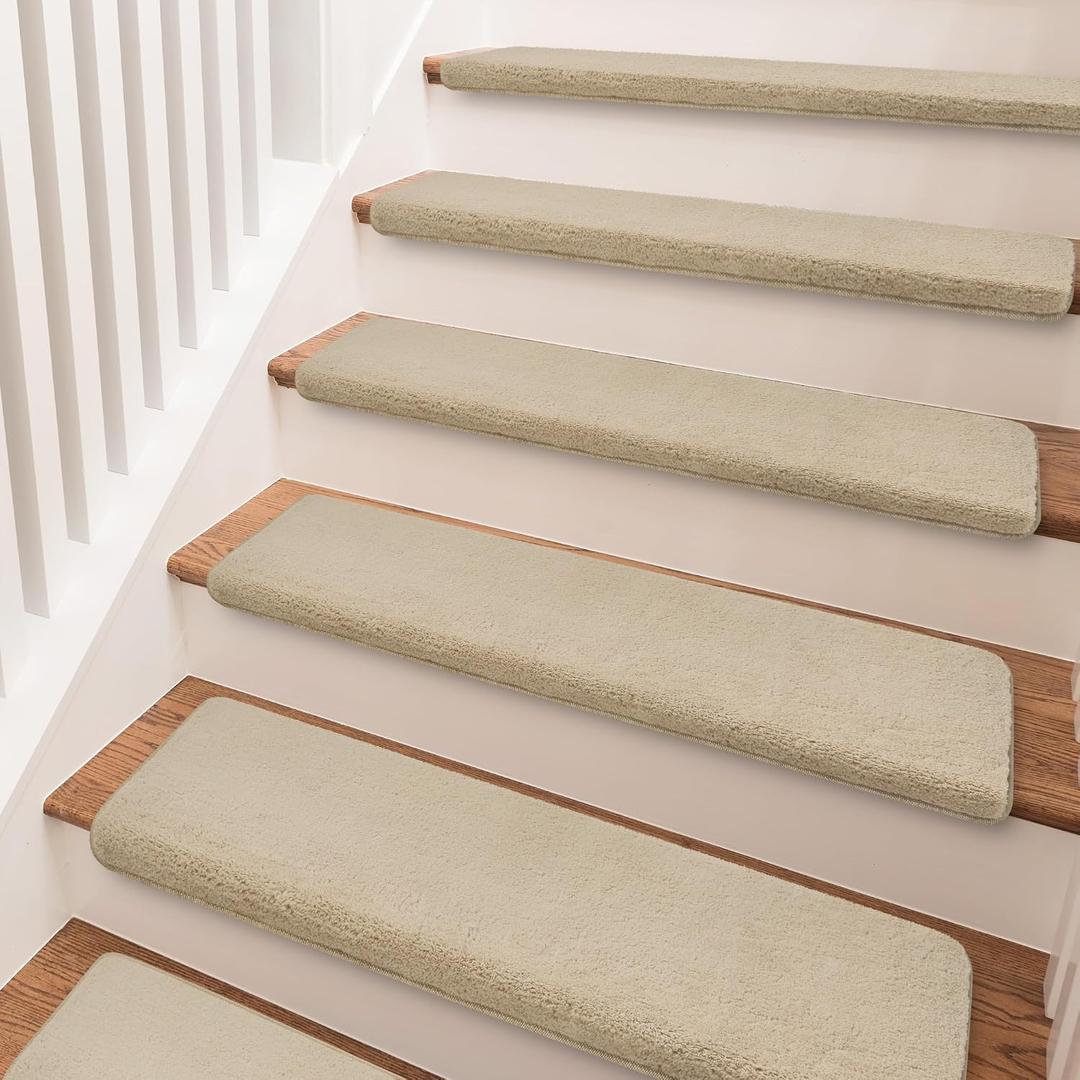 PURE ERA Carpet Stair Treads Ultra Plush 9.5" X 30"Soft Bullnose Indoor Stair Protectors Pet-Friendly Non-Slip Skid Resistant Tape Free Washable Reusable(2 Pieces,Beige)