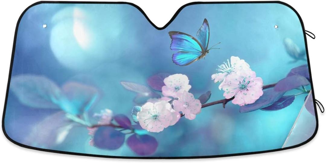 Butterfly Flowers Car Windshield Sun Shade Yellow Pink Floral Blue Foldable UV Ray Sun Visor Protector Sunshade to Keep Your Vehicle Cool (55" x 27.6") (multi 11)