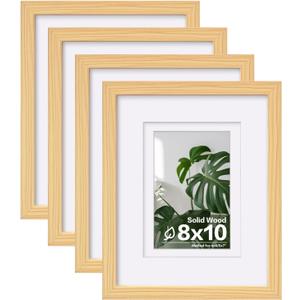 Egofine 8x10 Picture Frames Natural Wood Frames with Plexiglass, Display Pictures 4x6/5x7 with Mat or 8x10 Without Mat Set of 4 for Tabletop and Wall Mounting