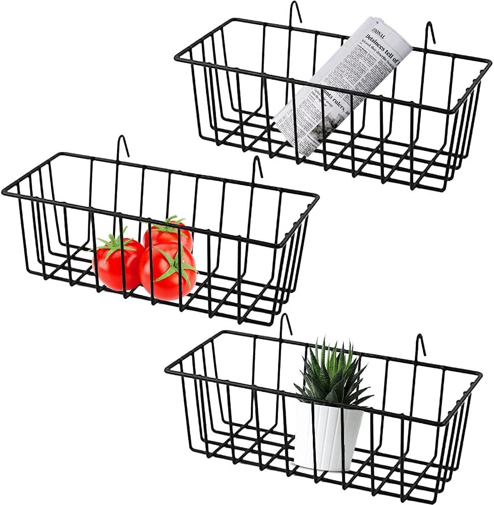 Gddochn 3 Pack Grid Panel Hanging Wire Basket, Storage and Display Basket for Wall, Kitchen, Home Decor Supplies, Potted Plants, Black