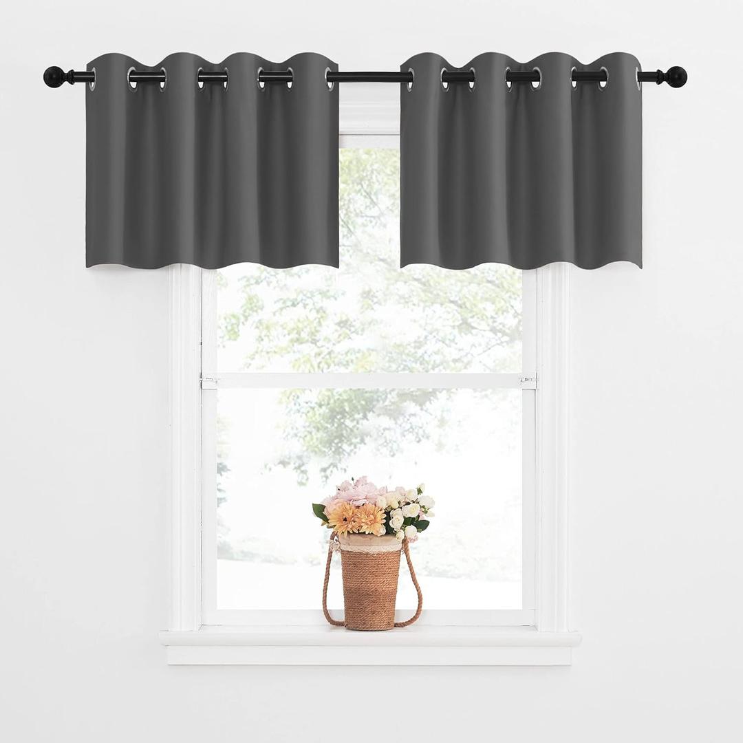 NICETOWN Blackout Kitchen Tiers Window Valances for Living Room - Thermal Insulated Blackout Grommet-Top Short Curtains for Cafe Store/Basement (Grey, 2 Panels, 52W by 18L with 1.2 inches Header)
