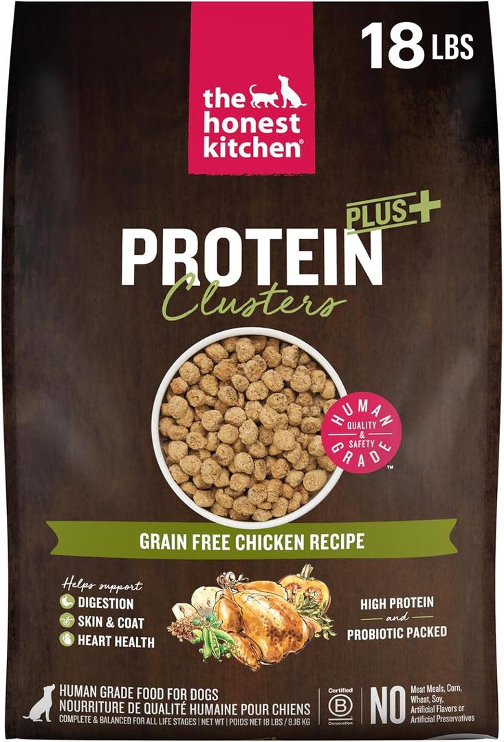 The Honest Kitchen Human Grade Dog Food, Protein Plus+ Clusters Grain Free Chicken Dry Dog Food, 18 lb Bag, BEST BY 06/26/2027