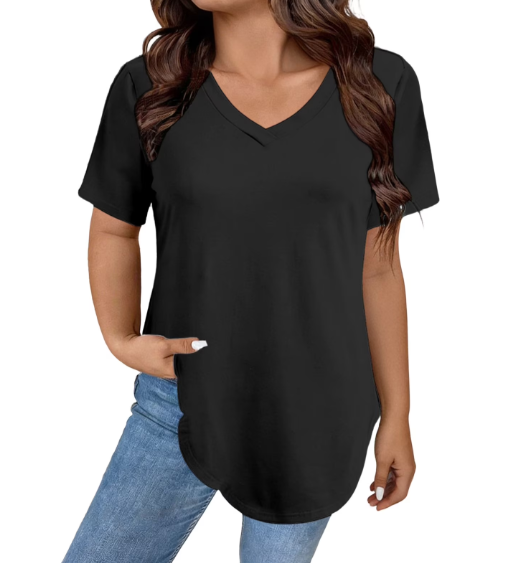 Womens T Shirts V Neck Short Sleeve Tshirt Basic Tee Curved Hem Tops, Size 3XL
