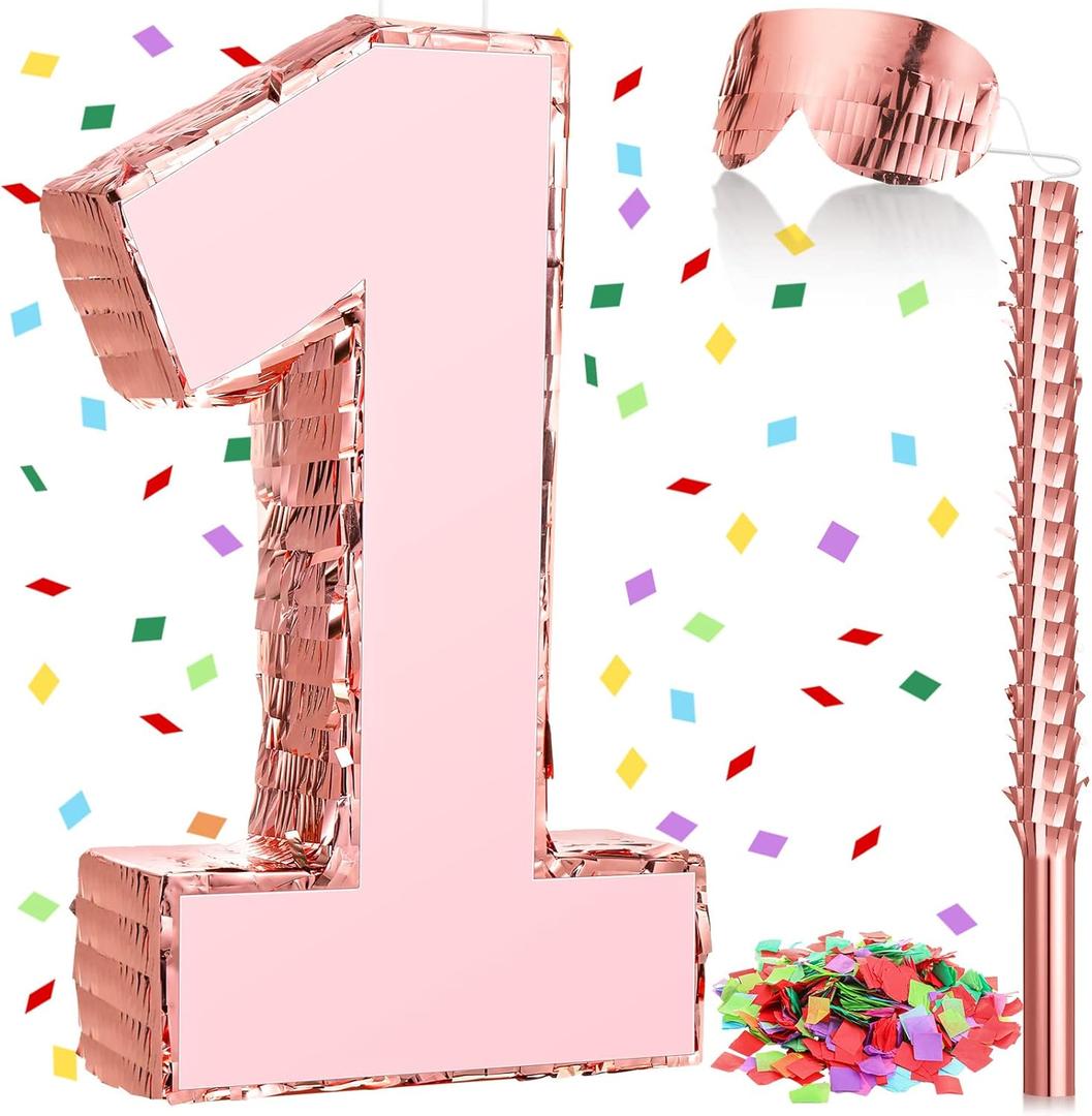 Honoson Number Rose Gold Piata with Stick Blindfold Confetti, Princess Piata for Birthday Party Anniversary Celebration Decorations Supplies, 16 x 11 x 3 Inches(Number 1)