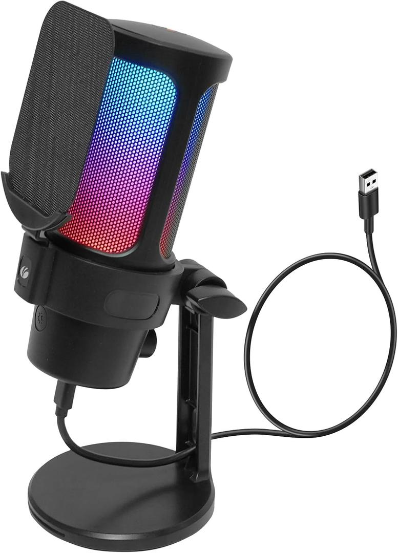 VCOM Gaming USB Microphone, Condenser Dynamic Mic for Podcasting, Streaming, with Quick Mute, Desktop Stand, Pop Filter, RGB Indicator, Shock Mount, Rotate gain Button, Compatible with PS4/5/PC