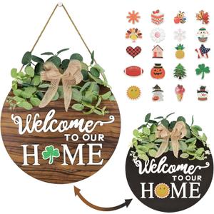 Double Sides Interchangeable St Patricks Day Welcome Sign Front Door Decor with 20 Seasonal Icons 2 in 1 Round Wood Wreaths Wooden Gifts House Outdoor Indoor Home Decorations All Seasons (Brown)