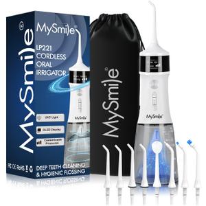 MySmile LP221 UVC Sterilizable Cordless Water Flossers for Teeth 335ML Portable OLED Display Dental Flosser with 4 Modes 8 Jet Tips and a Storage Pouch for Home and Travel (Pearl White)