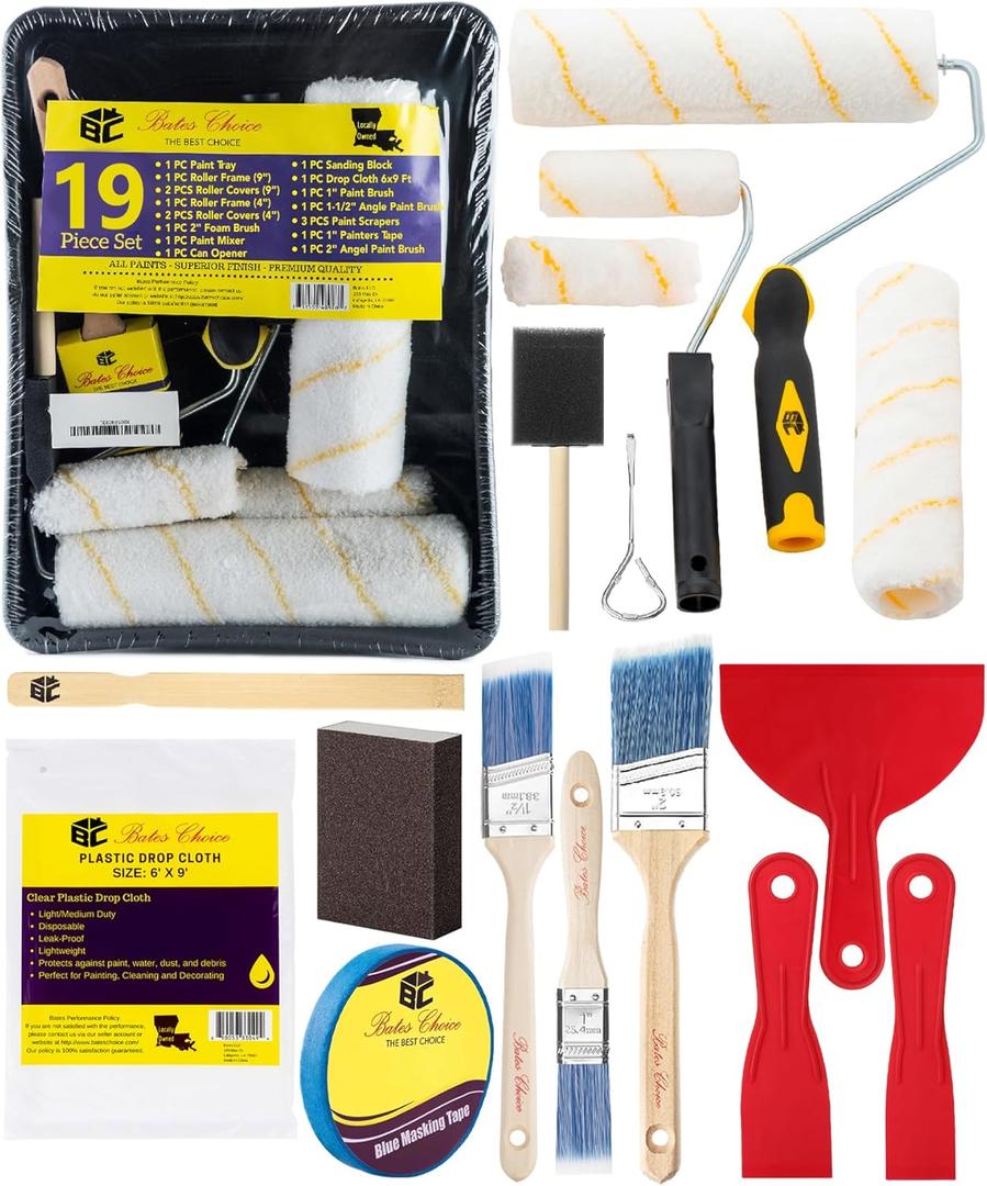 Bates- Paint Roller Kit, 19 pcs, Roller Set with Microfiber Sleeves & Frame, Tray, Angled Brush & Foam Brush, Paint Scrapers and More for Walls, Cabinets, Interior, Exterior, House Painting Supplies