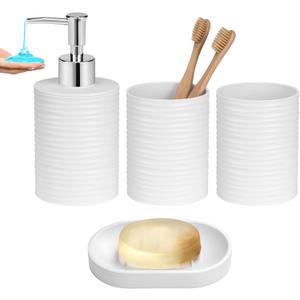 Plastic Bathroom Accessories Set 4Pcs, White Bathroom Accessory Set Includes Liquid Soap Dispenser with Rust-Proof Plastic Pump, 2Pcs Bathroom Cup, Soap Dish for Modern Home Apartment