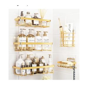 5 Pack Shower Caddy Organizer Rack Shelf for Inside Shower, Self Adhesive Wall Storage Basket Rustproof Stainless Steel Shampoo Holder Bathroom Accessory Decor Set, Gold