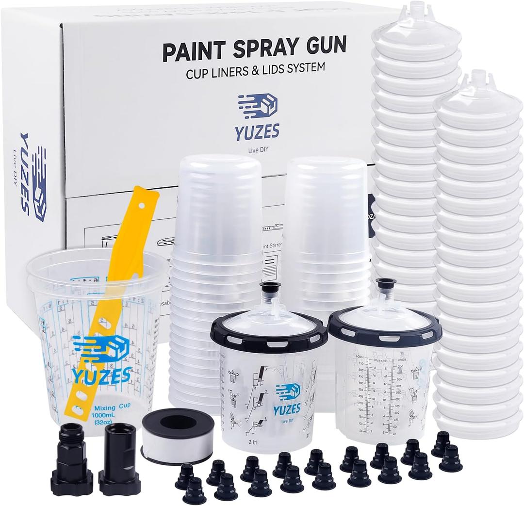 YUZES Disposable Paint Gun Cups 20 Ounce(600ML), 40 Disposable Paint Cups Liners and Lid, 2 Hard Cup with Retainer Ring, 2 Paint Mixing Cups 32oz, 20 Plugs, PTFE Tape, Stirrer, 2 Spray Gun Adapter