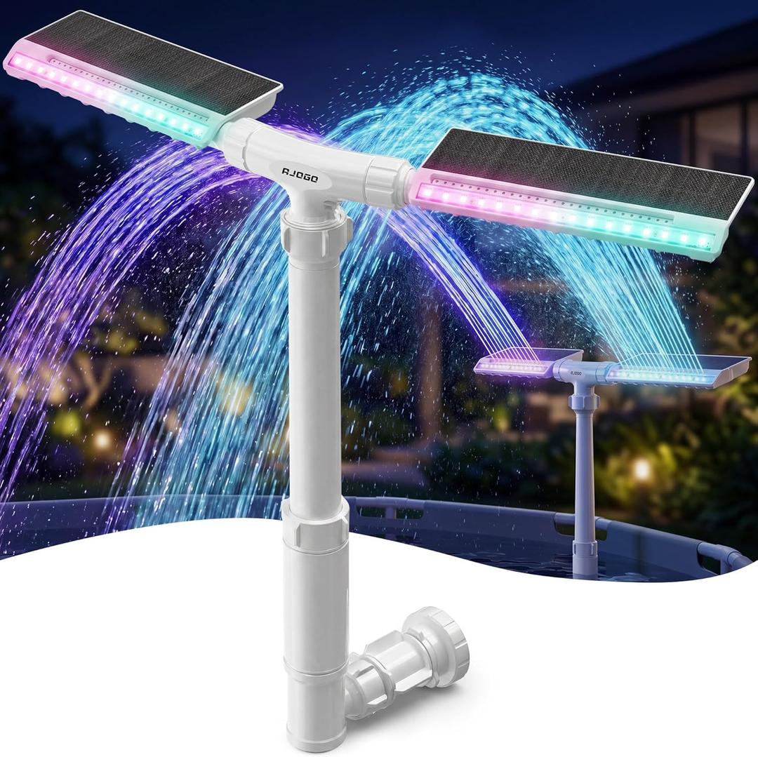 Solar Pool Fountain with Lights, Dual Power LED Waterfall (White) | Dual Power Solar and Type-C, 6000mAh Battery, 10 Colors, 40 Modes, Above Ground and Inground Pools, IP68 Housing