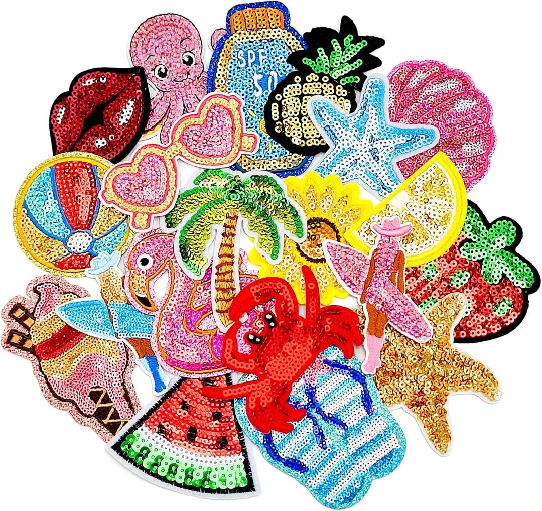 20PCS Summer Sequin Iron on Patches Tropical Beach Embroidered Applique Patches for Hats, Clothes, Bags, Jackets, Backpacks