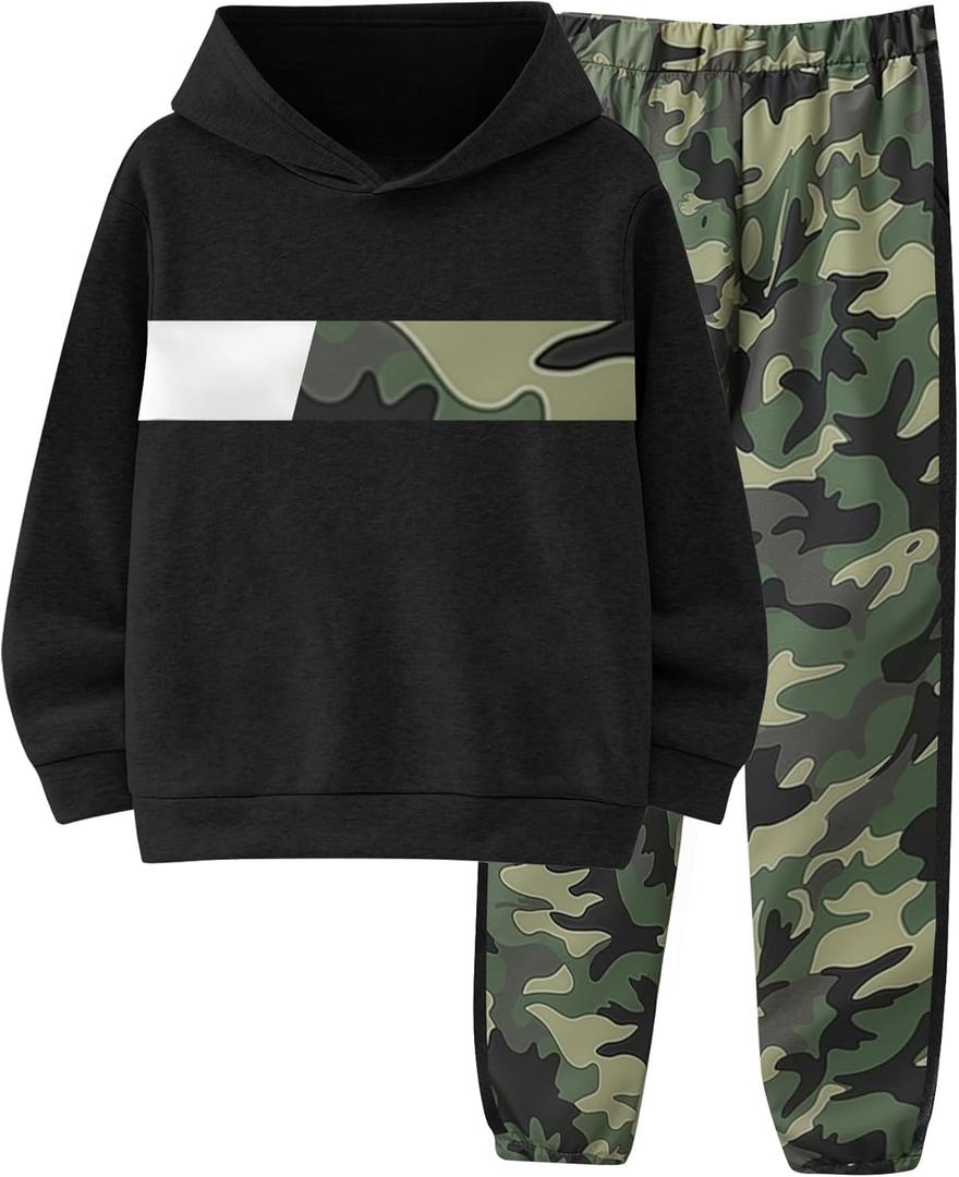 Boys Clothes Boy Outfits 2-Piece Long Sleeve Hoodie and Camouflage Pants Boys Fall Winter Clothes for 6-16 Years (13-14 Years, Green)
