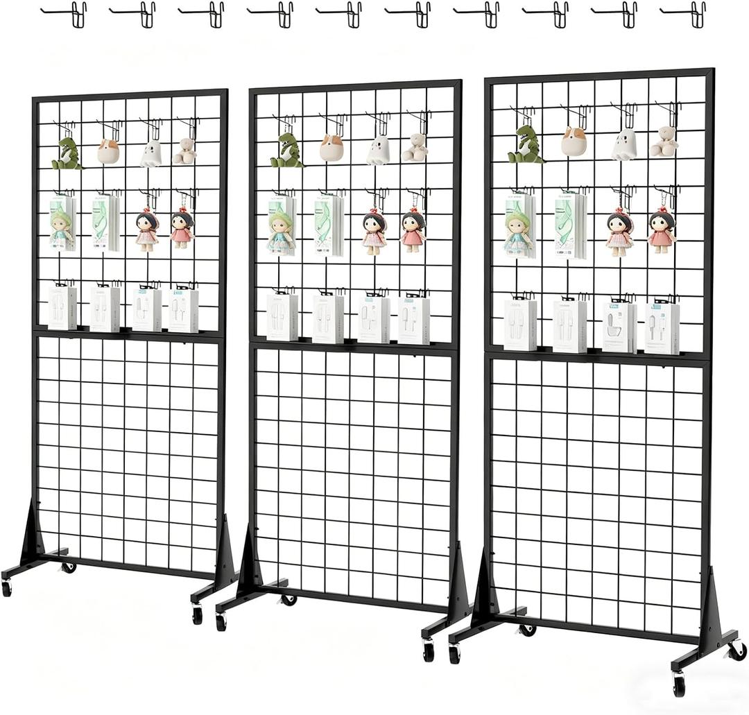 3-Pack 2'x5.5' Ft Gridwall Panel Display Stands Heavy Duty Floor Standing Retail Display Rack with Triangle Base for Retail Art Show with 20 Hooks