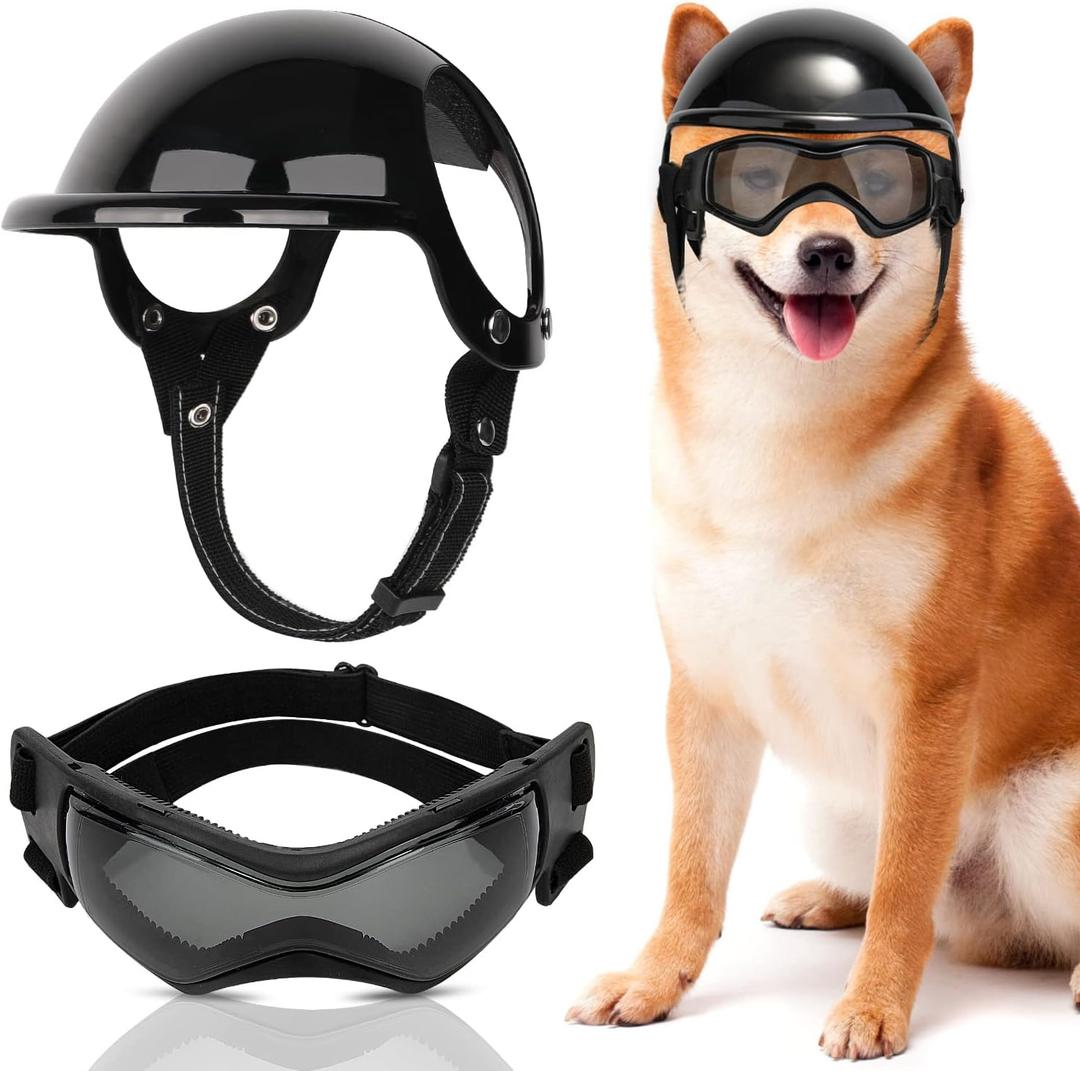 SlowTon Dog Helmet and Goggles - UV Protection Doggy Sunglasses Dog Glasses Pet Motorcycle Helmet Hat with Ear Holes Adjustable Belt Safety Hat for Small Medium Large Dogs Puppy Riding (Black, M) (Medium (27.5-44.0 lb))