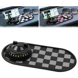 Mobile Phone Bracket Anti-Slip Mat,Multifunction Car Dashboard Mat with Temporary Parking Number,Universal Fit Anti-Slip Mat,360 Rotating Adjustable Phone Holder (Black & Gray)