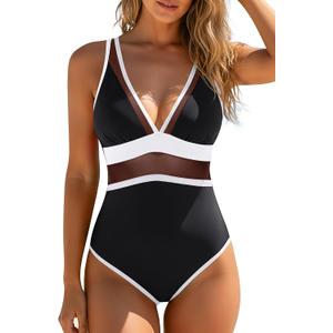Daci Women's One Piece Swimsuits Tummy Control Neon Color Block Swimwear | Sexy Sheer Mesh, V Neck, Cross Back Design, Full Coverage, Removable Pads, Pool, Beach, Trip (Black, S)