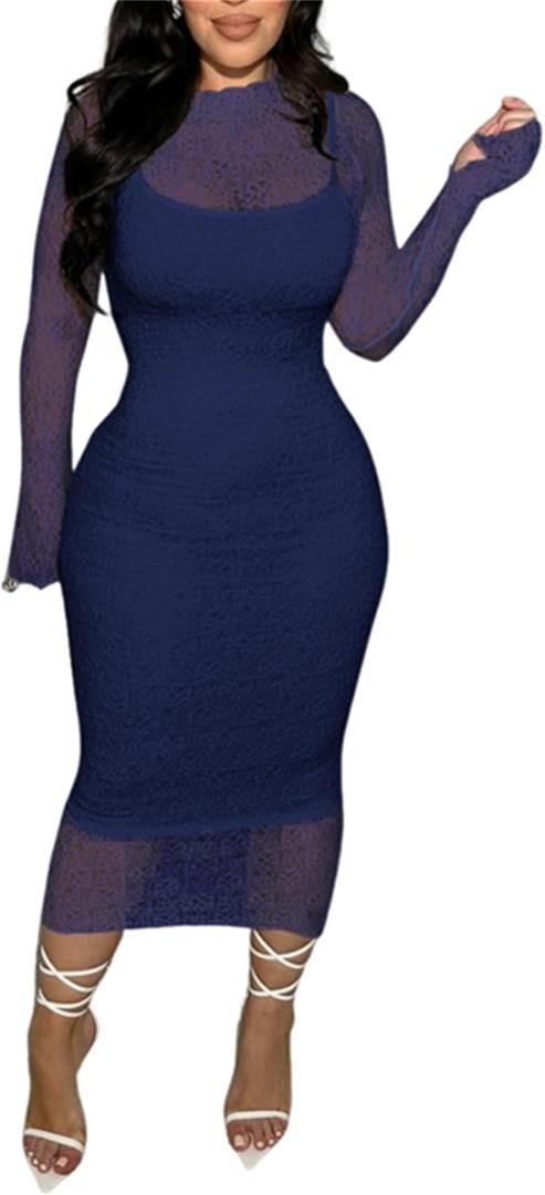 Women's Elegant Bodycon Midi Dress Lace Party Cocktail Wedding Guest Dress (XX-Large, Navy Blue)