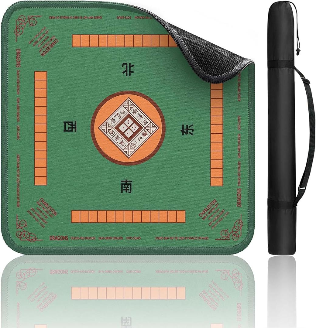 Mahjong Mat with Carrying Case, 31.5"x31.5" Non-Slip Noise Reduction Mahjong Table Mat, Waterproof Foldable Mahjong Pad for Poker, Board Games, Card Games, Dominoes (Green)