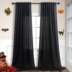 Black Linen Curtains 84 Inch Length for Living Room 2 Panel Back Tab Pocket Muslin Light Filtering Semi Privacy Thick Sheer Floor Length Curtain for Mens Bedroom Man Cave Modern Farmhouse Gothic Decor