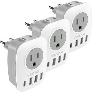 3 Pack European Travel Plug Adapter, VINTAR International Power Plug Adapter with 2 American Outlets, 1 USB C and 3 USB Ports, 6 in 1 Travel Essentials to France, German, Italy, Spain (Type C)