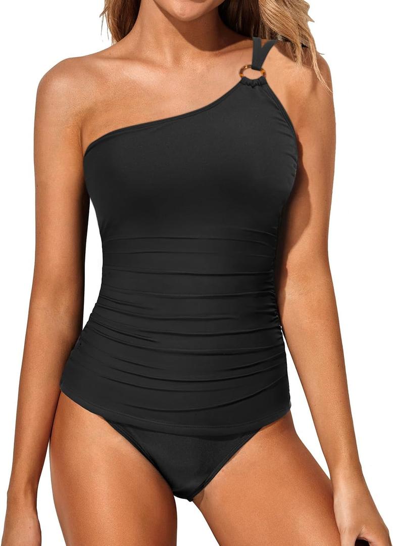 Tempt Me Two Piece Tankini Set Swimsuits for Women Tummy Control Bathing Suit One Shoulder Swimwear with Bikini Bottoms (Large, Black-o Ring)