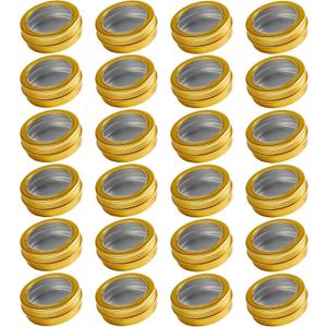 Art Secret 24 Pack 2 Ounce Screw Top Aluminum Tin Jar with Screw Clear Lid and Blank Labels, Refillable 60ml Metal Containers for Lip Balms, Candles, Salves, Spices, Crafts (Gold)