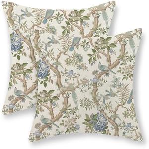 Chinoiserie Pillow Covers 18x18 Set of 2 Blue Green Bird Floral Throw Pillows Vintage Blue Flowers Decorations Outdoor Pillowcase Chinoiserie Decor Farmhouse Linen Cushion Case for Couch Home