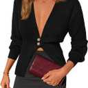 Womens Deep V Neck Button Cardigan Sweaters Long Sleeve Cropped Knit Sweater Y2k Cute Casual Fall Outfits Black (Black) Small