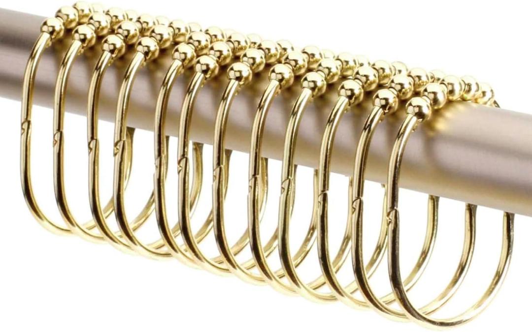 2 Lb. Depot Wide Shower Curtain Rings - Set of 12 Easy Glide Rollers with Decorative Gold Finish - Stainless Steel Shower Hooks for Straight and Curved Rods - Decorative and Durable for Any Bathroom