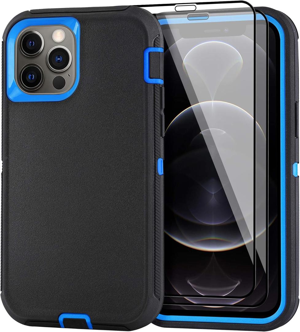 Case for iPhone 12 Pro Max Case 6.7" with 2 Screen Protector, Full Body Rugged Heavy Duty Military Grade Cover, Shockproof Drop-Proof Protection Durable Phone Case (Black Blue)