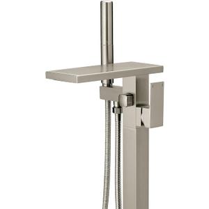 Hoimpro Freestanding Bathtub Faucet Waterfall Tub Filler Brushed Nickel Floor Mount Brass Single Handle Bathroom Tub Faucets with 2 Function Hand Shower Wand