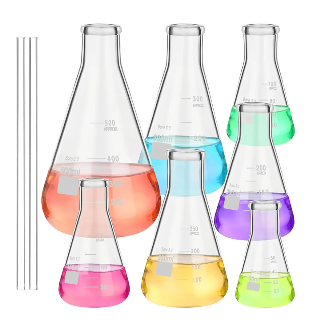 7 Pack Glass Erlenmeyer Flask Set with Glass Stirring Rod, 7 Sizes, 50ml, 100ml, 150ml, 200ml, 250ml, 300ml, 500ml, Borosilicate Erlenmeyer Flasks with Printed Graduation for Lab Chemistry