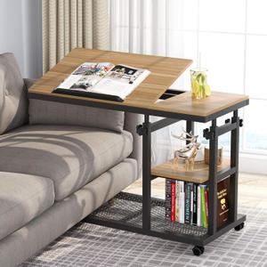 Tribesigns Height Adjustable C Table with Wheels, Mobile Couch Snack Side Table with Tiltable Drawing Board, Sofa Bedside Laptop Stand C Shaped TV Tray with Storage Shelves (Black+Oak), Small 15.7"D x 31.5"W x 26"H