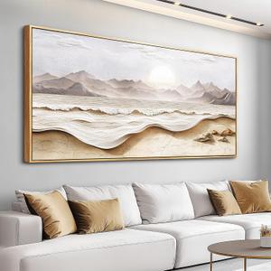 Large Canvas Wood Framed Abstract Wall Art Living Room Restaurant Wall Decor for Bedroom Office Decoration White Landscape Painting of Mountains and Seas Picture Artwork Home Decor 30x60 in