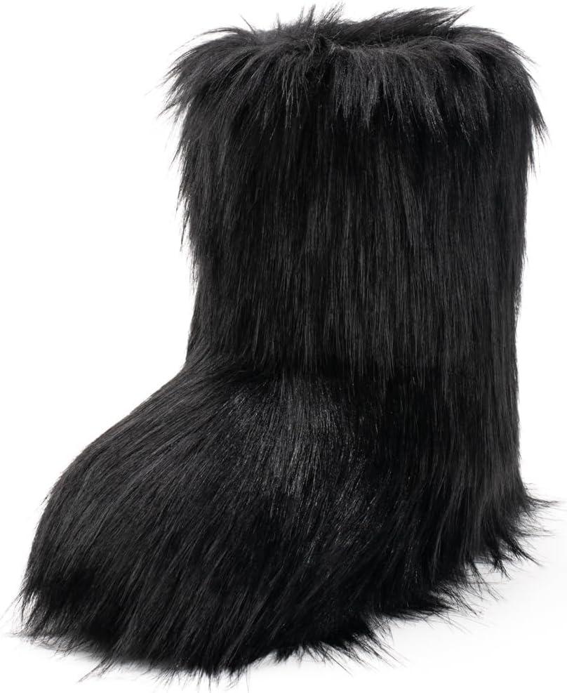IXU Women's Faux Fur Boot Furry Fluffy Round Toe Suede Snow Winter Women Boots Comfy Plush Warm Short Outdoor Indoor Flat Shoes Mid-Calf Boots (6, Black)