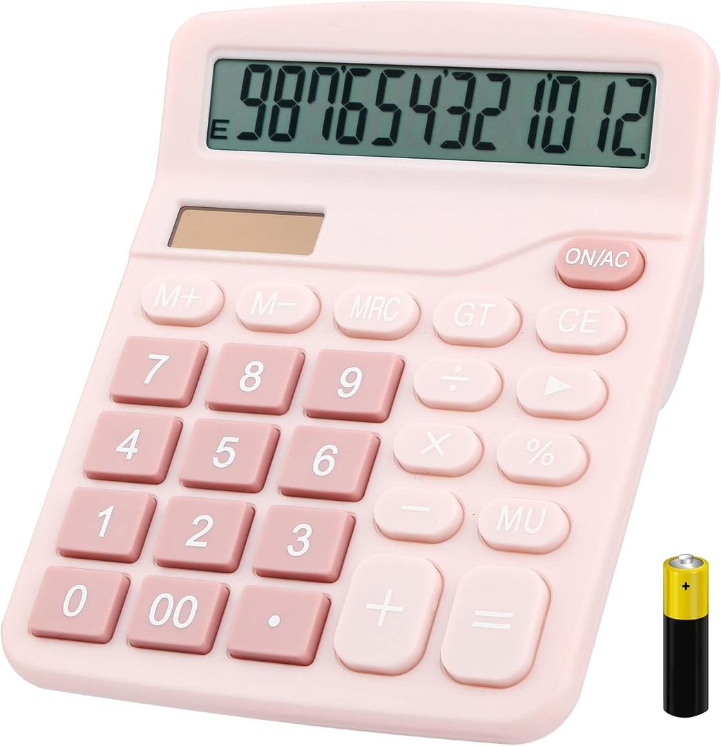 Desk Calculator, Envysun 12-Digit LCD Display Office Calculator  Dual Power, Compact and Lightweight, Easy-to-Read Display, Durable for Business, School, and Home (Pink)