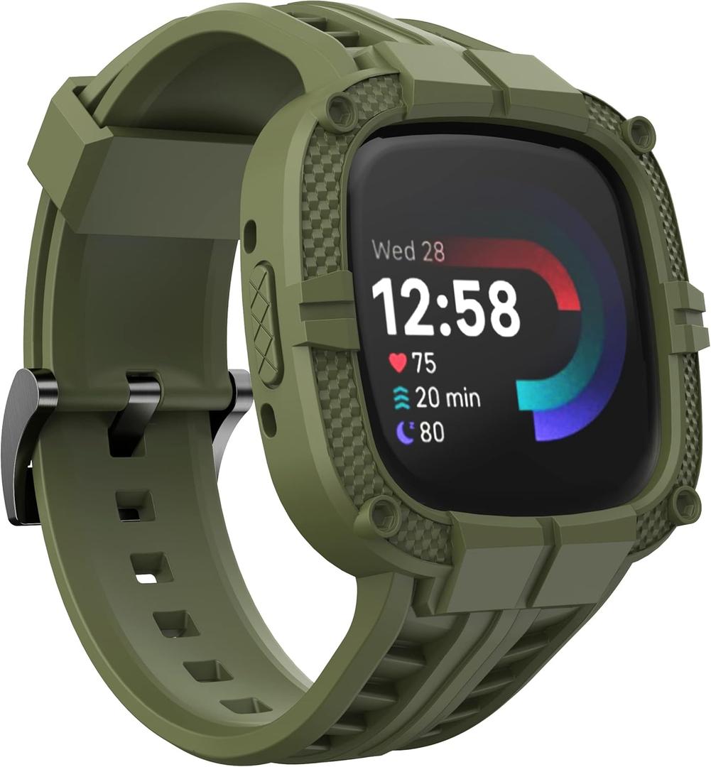 GELISHI Compatible for Fitbit Versa 4/ Fitbit Sense 2 Bands Men, Rugged Protective Case with TPU Sport Band Smartwatch Wristband Army Green